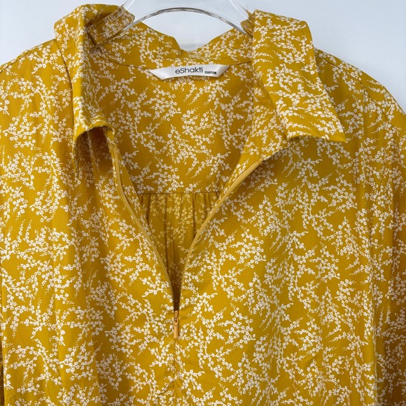 eShakti Midi Shirt Dress Yellow Floral Print Button Front Belted Cotton - Picture 3 of 12